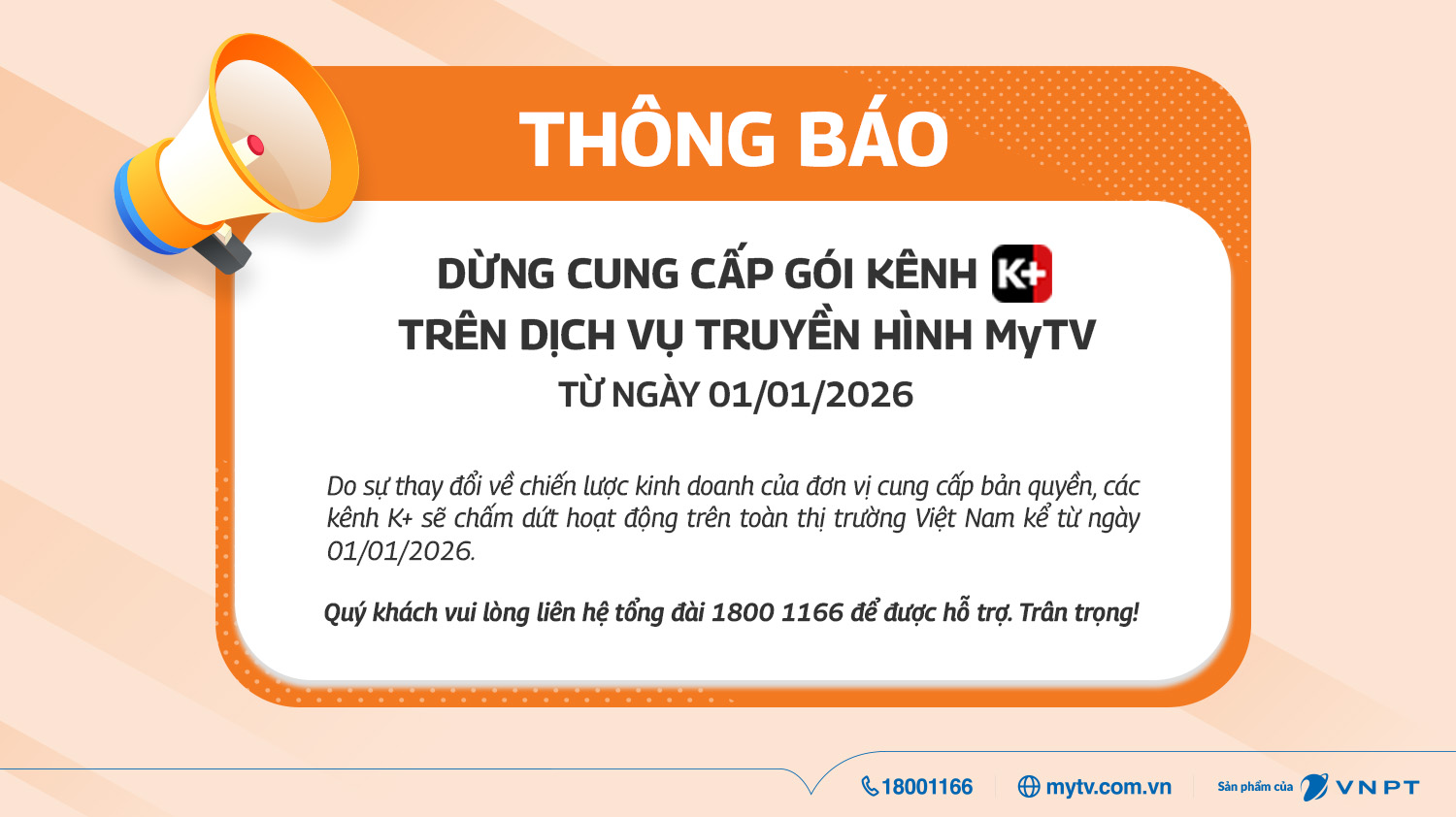 THÔNG BÁO DỪNG CUNG CẤP GÓI KÊNH K+ TRÊN DỊCH VỤ TRUYỀN HÌNH MyTV TỪ 01/01/2026.
